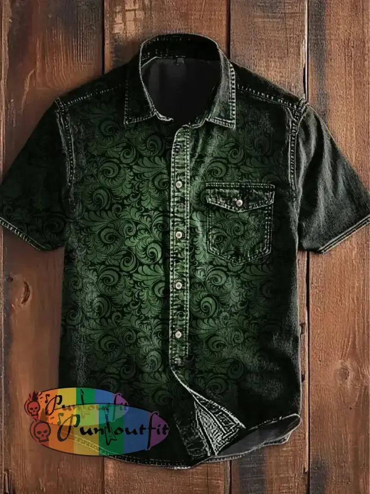 Unisex Men’s Vintage Punk Gothic Gradient Swirl Patterns Abstract Print Casual Short Sleeve Pocket Shirt Short Sleeve