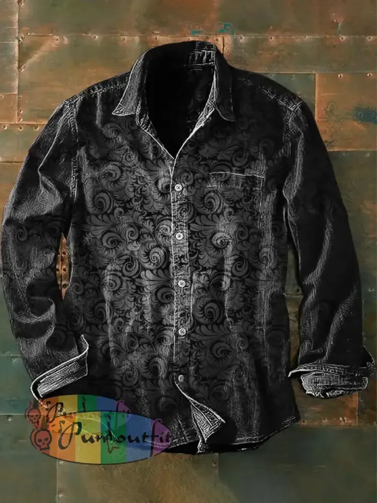Unisex Men’s Vintage Punk Gothic Gradient Swirl Patterns Abstract Print Casual Short Sleeve Pocket Shirt Long Sleeve
