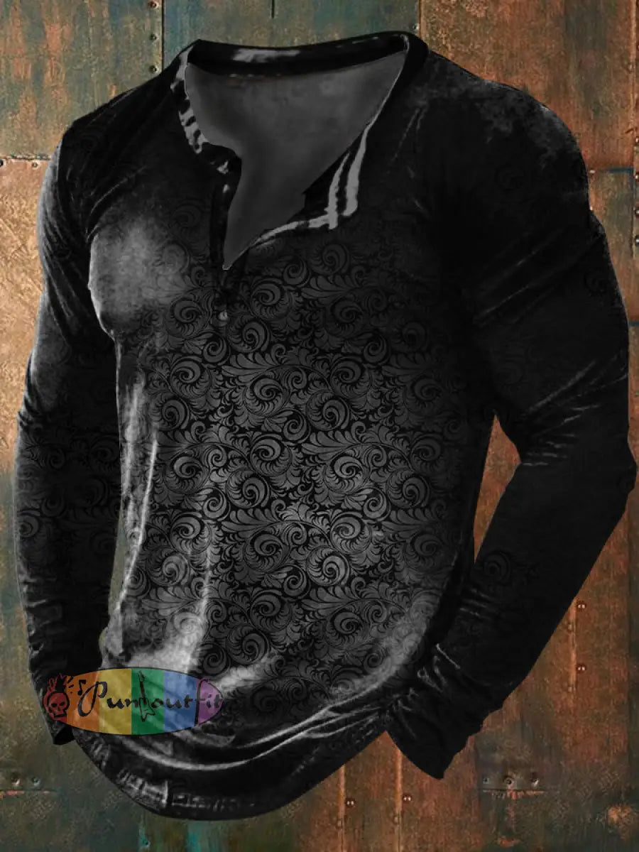 Unisex Men’s Vintage Gothic Gradient Swirl Floral Pattern Print Casual Cotton Long Sleeve Button T-Shirt Black / S
