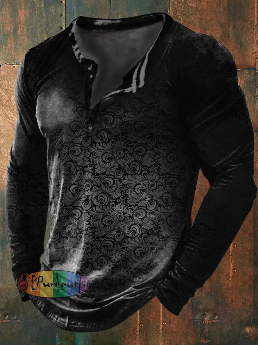 Unisex Men’s Vintage Gothic Gradient Swirl Floral Pattern Print Casual Cotton Long Sleeve Button T-Shirt Black / S