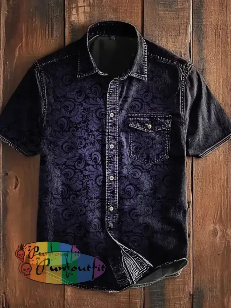 Unisex Men’s Vintage Punk Gothic Gradient Swirl Patterns Abstract Print Casual Short Sleeve Pocket Shirt Short Sleeve