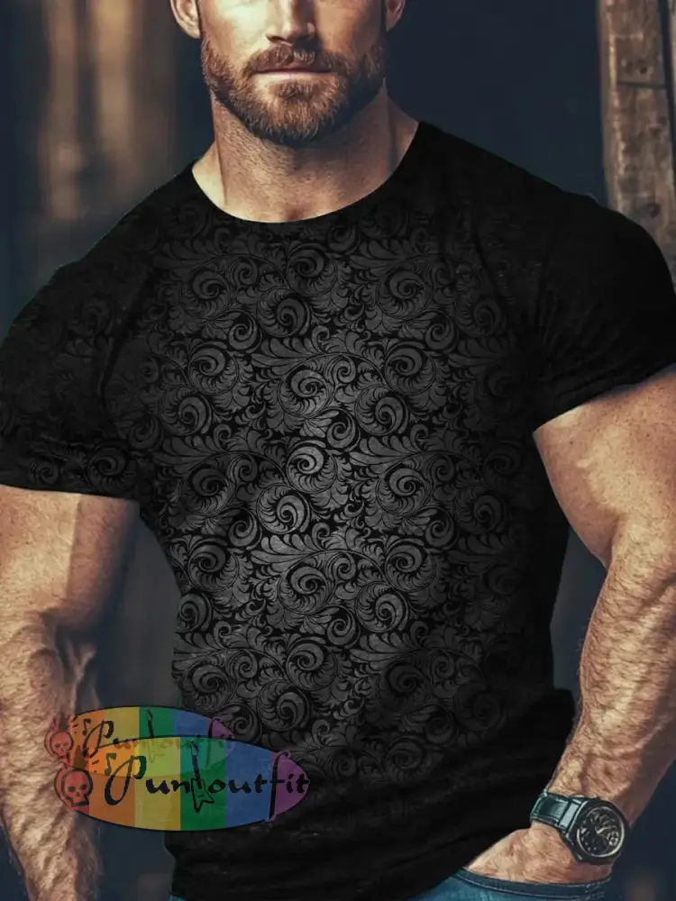Unisex Men’s Vintage Punk Gothic Gradient Swirl Patterns Abstract Print Casual Short Sleeve Pocket Shirt Short Sleeve
