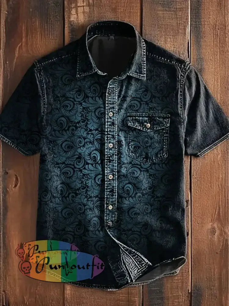 Unisex Men’s Vintage Punk Gothic Gradient Swirls Abstract Print Casual Short Sleeve Pocket Shirt