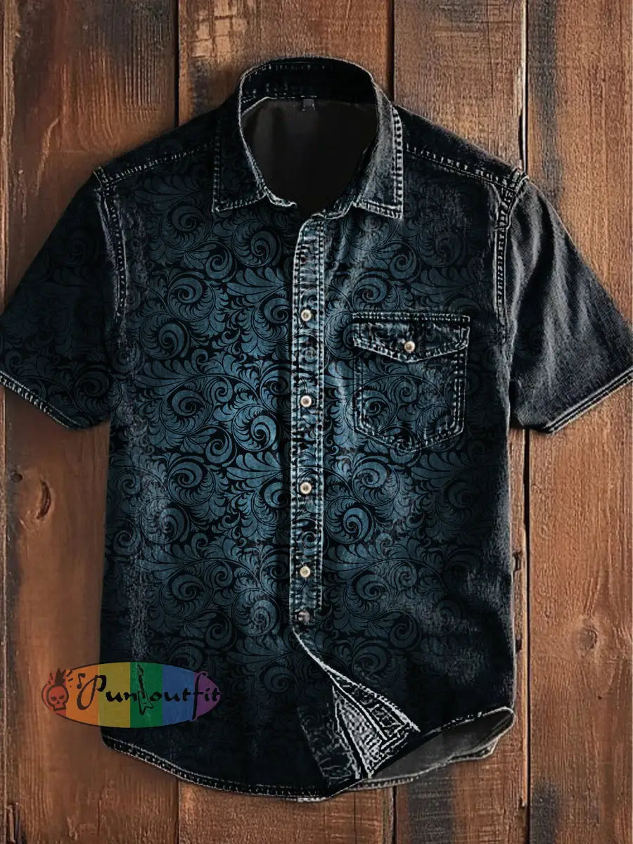 Unisex Men’s Vintage Punk Gothic Gradient Swirls Abstract Print Casual Short Sleeve Pocket Shirt