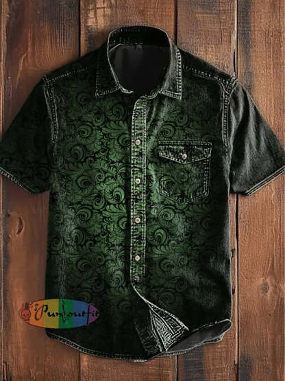 Unisex Men’s Vintage Punk Gothic Gradient Swirls Abstract Print Casual Short Sleeve Pocket Shirt Green / S