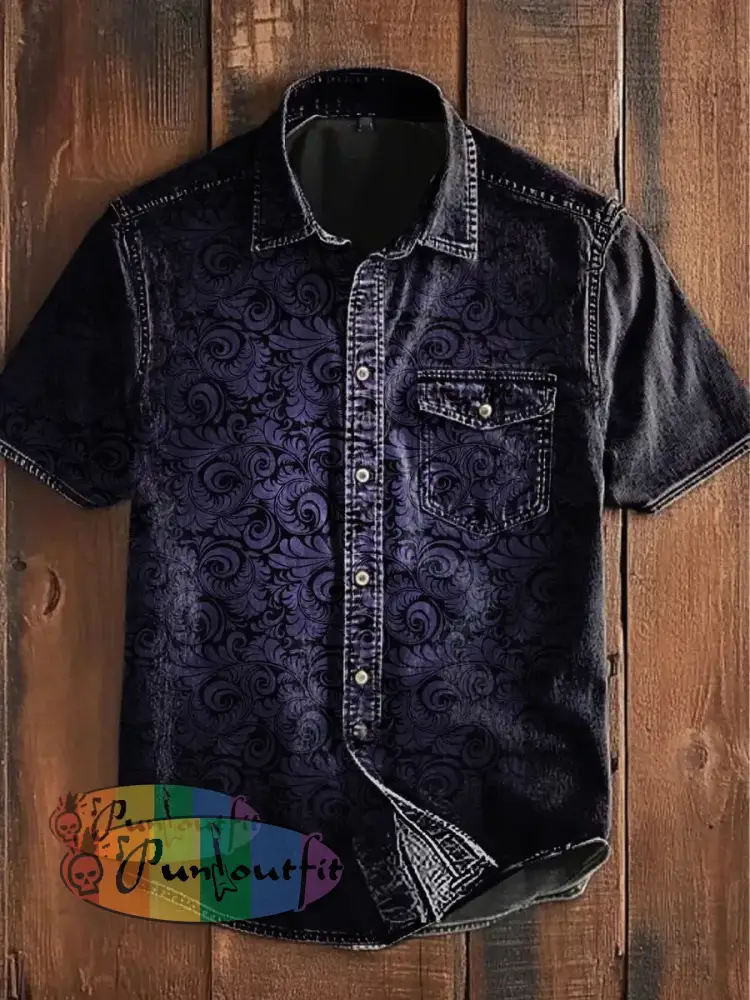 Unisex Men’s Vintage Punk Gothic Gradient Swirls Abstract Print Casual Short Sleeve Pocket Shirt Purple / S