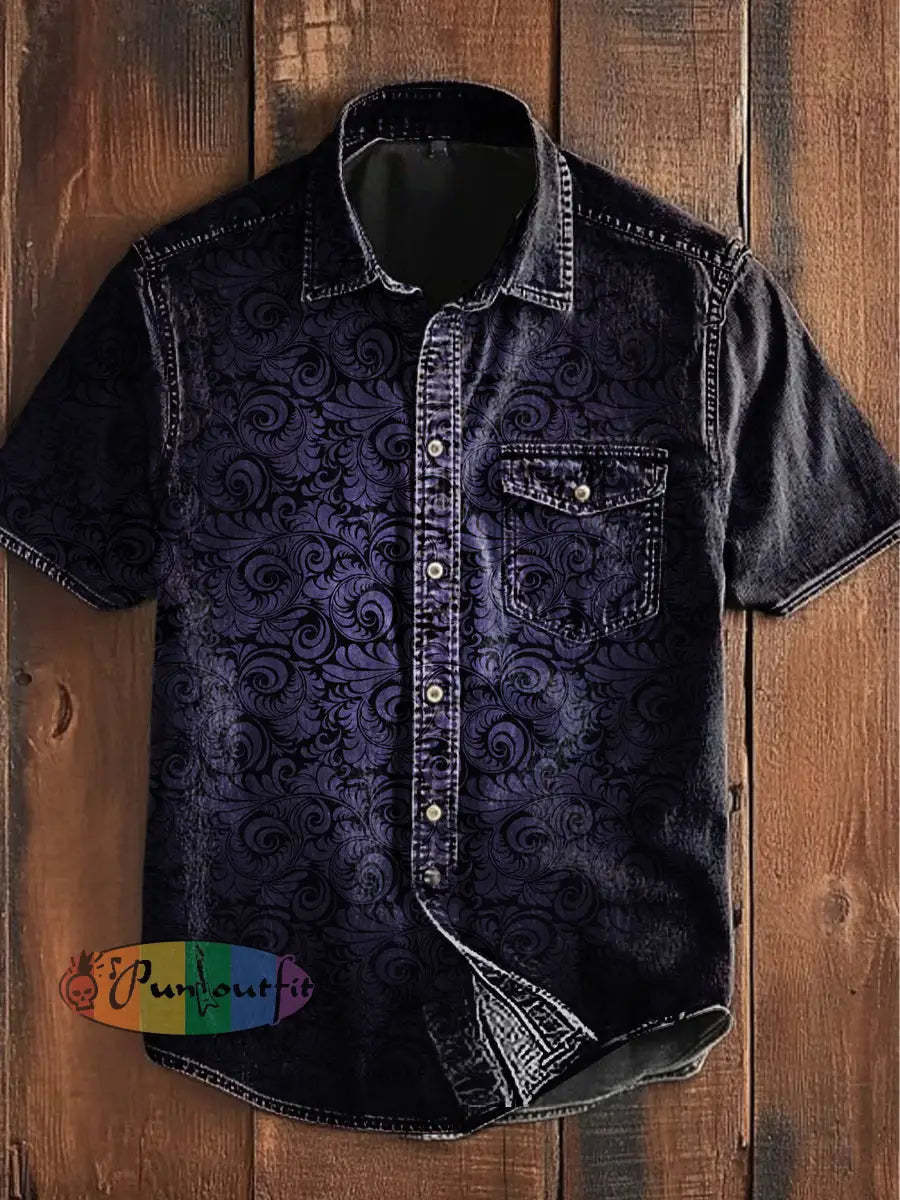 Unisex Men’s Vintage Punk Gothic Gradient Swirls Abstract Print Casual Short Sleeve Pocket Shirt Purple / S