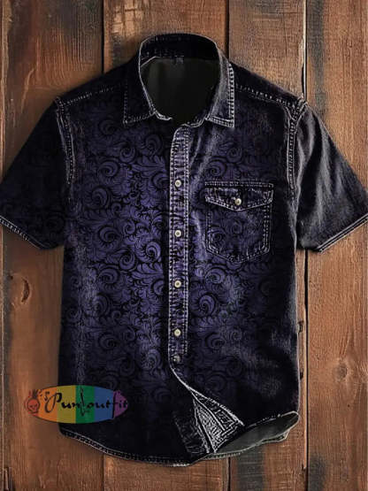 Unisex Men’s Vintage Punk Gothic Gradient Swirls Abstract Print Casual Short Sleeve Pocket Shirt Purple / S
