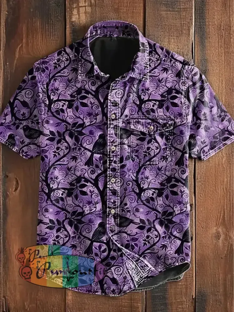 Unisex Men’s Vintage Punk Gothic Tree Branch Raven Art Abstract Print Casual Short Sleeve Pocket Shirt Purple / S