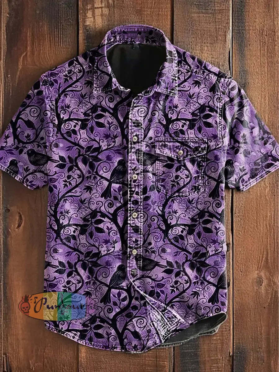 Unisex Men’s Vintage Punk Gothic Tree Branch Raven Art Abstract Print Casual Short Sleeve Pocket Shirt Purple / S