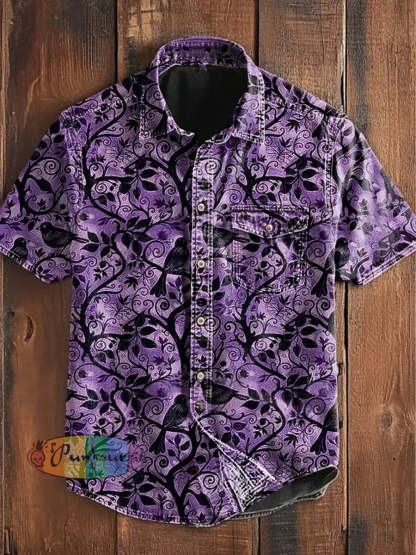 Unisex Men’s Vintage Punk Gothic Tree Branch Raven Art Abstract Print Casual Short Sleeve Pocket Shirt Purple / S