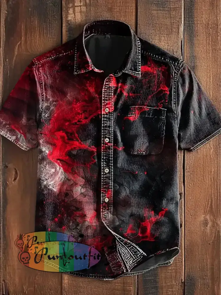 Unisex Men’s Vintage Punk Gothic Wave Colorful Gradient Abstract Print Casual Cotton Short Sleeve Pocket Shirt Red / S