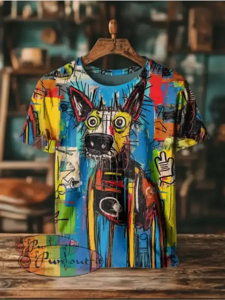 Unisex Men’s Vintage Punk Puppy Graffiti Abstract Print Casual Cotton Short Sleeve T-Shirt Blue / S