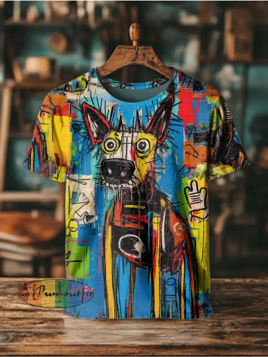 Unisex Men’s Vintage Punk Puppy Graffiti Abstract Print Casual Cotton Short Sleeve T-Shirt Blue / S