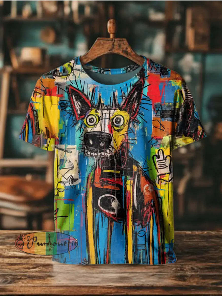 Unisex Men’s Vintage Punk Puppy Graffiti Abstract Print Casual Cotton Short Sleeve T-Shirt Blue / S