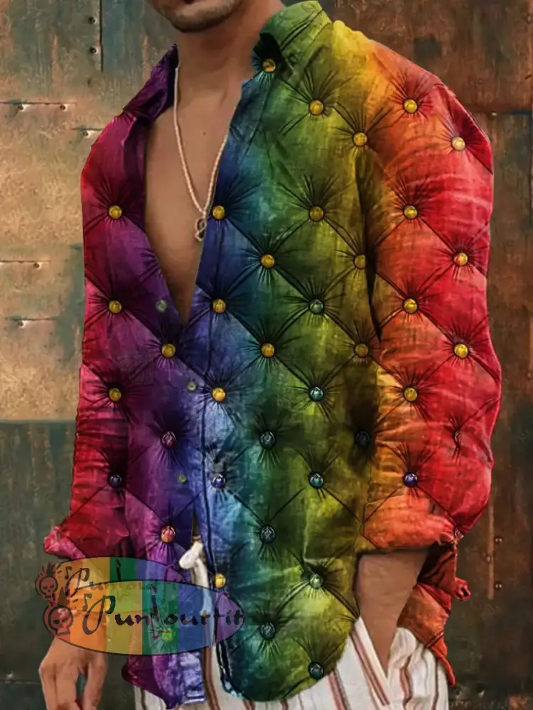 Unisex Men’s Vintage Rainbow Diamond Tufted Art Abstract Print Casual Long Sleeve Shirt As picture / S