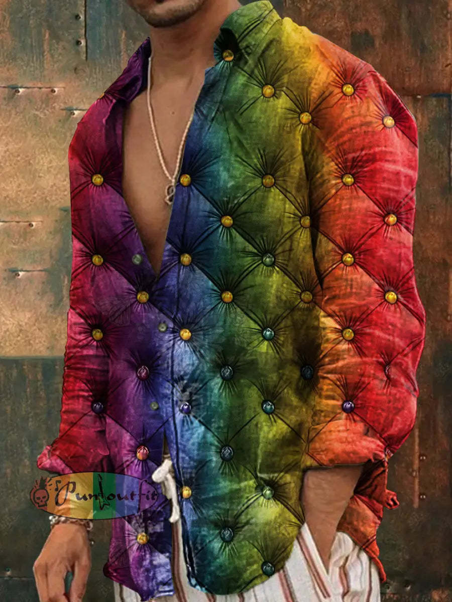 Unisex Men’s Vintage Rainbow Diamond Tufted Art Abstract Print Casual Long Sleeve Shirt As picture / S