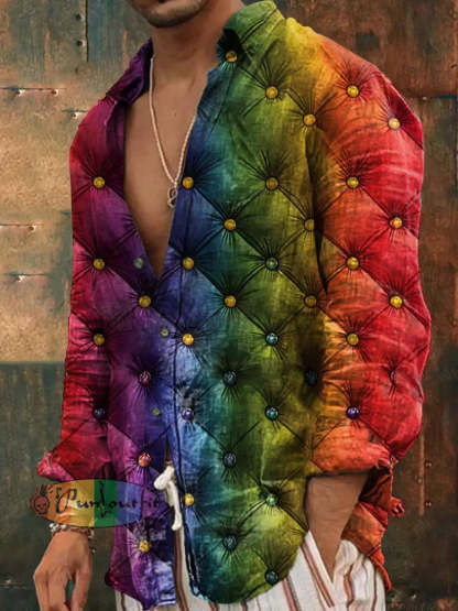 Unisex Men’s Vintage Rainbow Diamond Tufted Art Abstract Print Casual Long Sleeve Shirt As picture / S