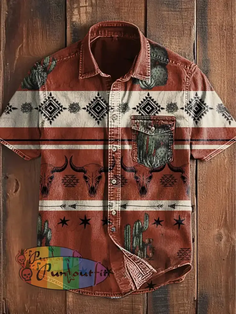 Unisex Men’s Vintage Western Aztec Cactus Cow Skull Art Abstract Print Casual Short Sleeve Pocket Shirt Wine Red / S