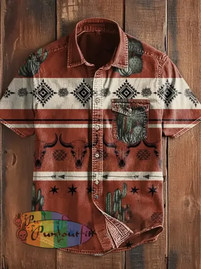 Unisex Men’s Vintage Western Aztec Cactus Cow Skull Art Abstract Print Casual Short Sleeve Pocket Shirt Wine Red / S
