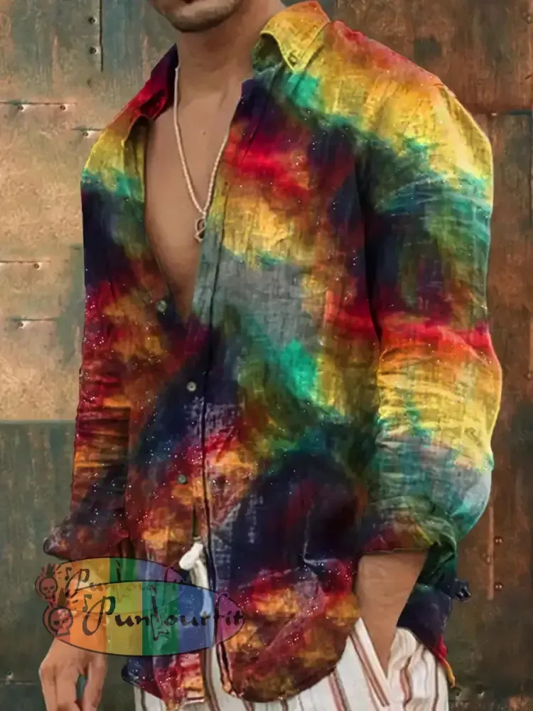 Men’s Vintage Colorful Magic Dazzle Art Abstract Print Casual Long Sleeve Shirt As picture / S