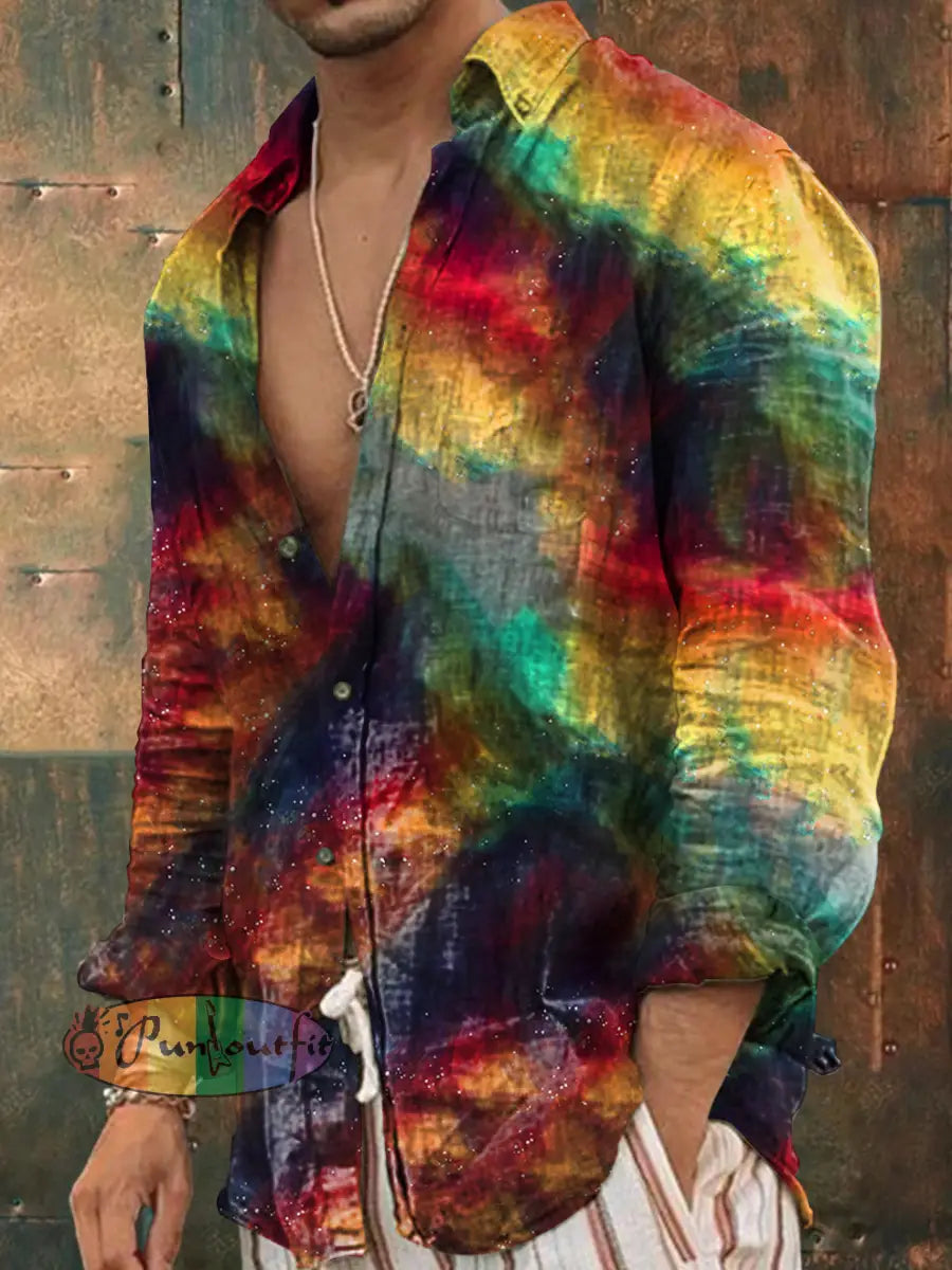 Men’s Vintage Colorful Magic Dazzle Art Abstract Print Casual Long Sleeve Shirt As picture / S