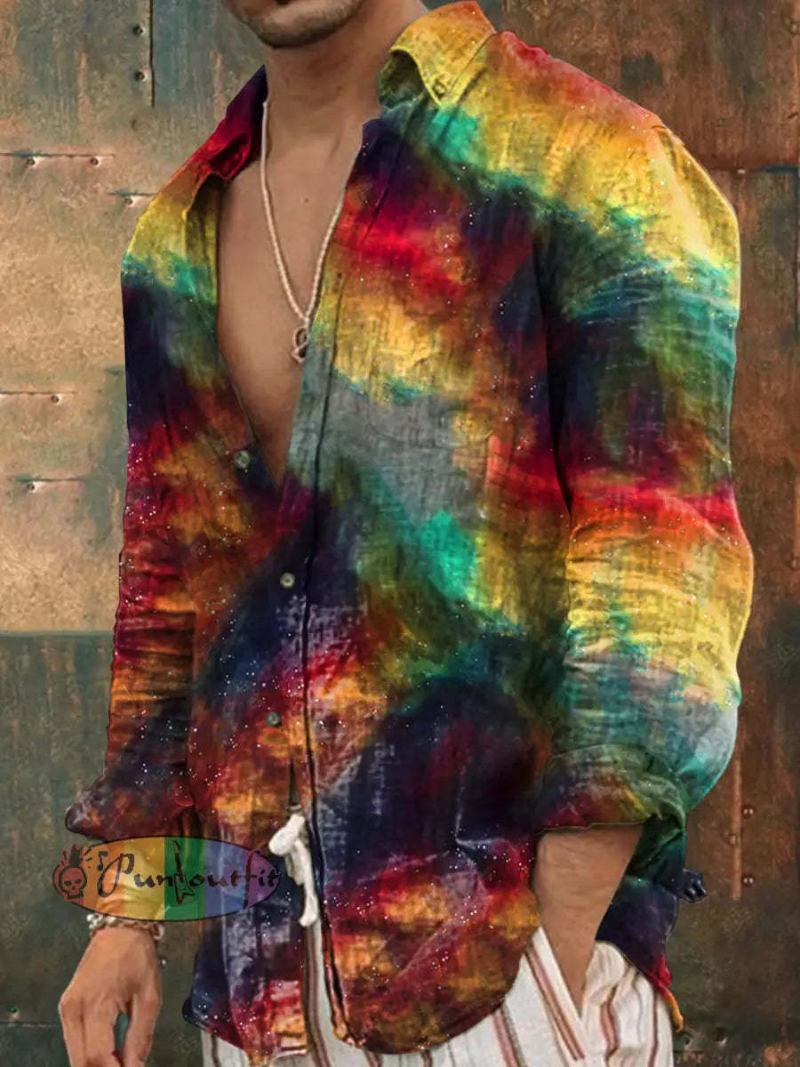 Men’s Vintage Colorful Magic Dazzle Art Abstract Print Casual Long Sleeve Shirt As picture / S