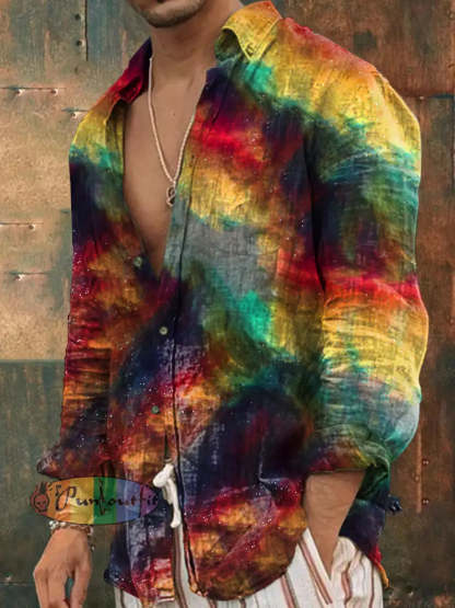 Men’s Vintage Colorful Magic Dazzle Art Abstract Print Casual Long Sleeve Shirt As picture / S