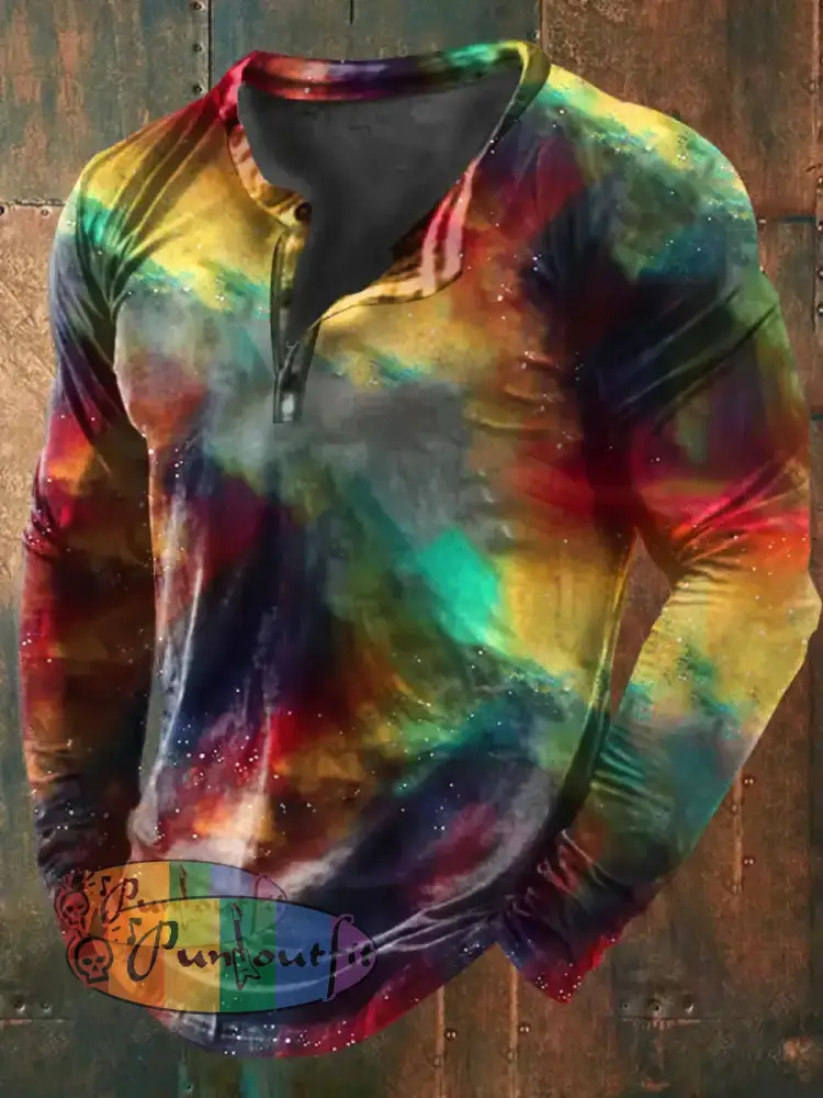 Unisex Men’s Vintage Gradient Colorful Fantasy Magic Abstract Art Print Casual Cotton Long Sleeve Button T-Shirt As