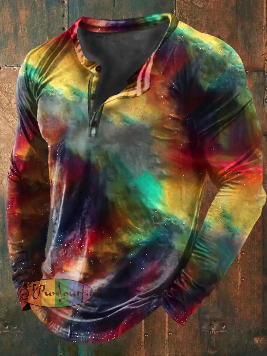 Unisex Men’s Vintage Gradient Colorful Fantasy Magic Abstract Art Print Casual Cotton Long Sleeve Button T-Shirt As