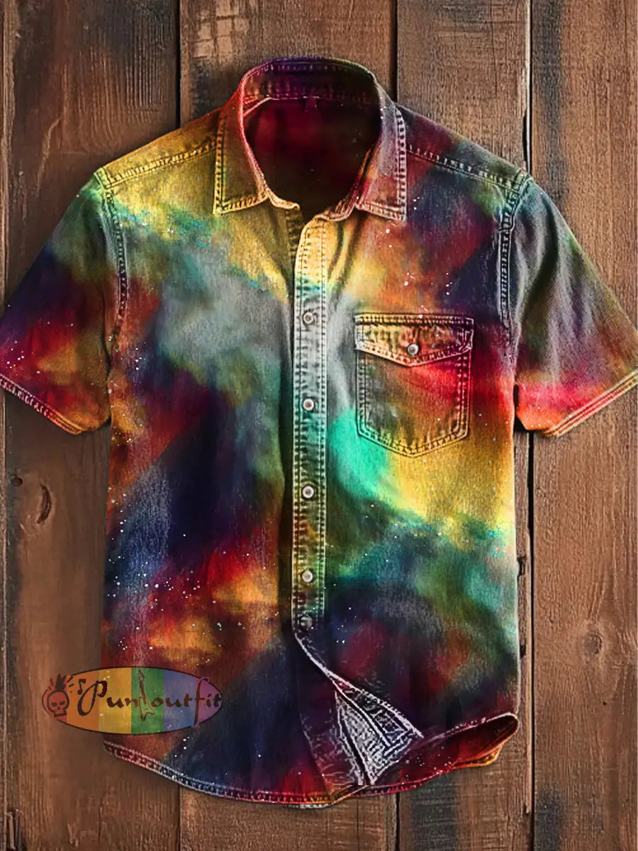 Unisex Men’s Vintage Western Colorful Magic Abstract Print Casual Short Sleeve Pocket Shirt As picture / S