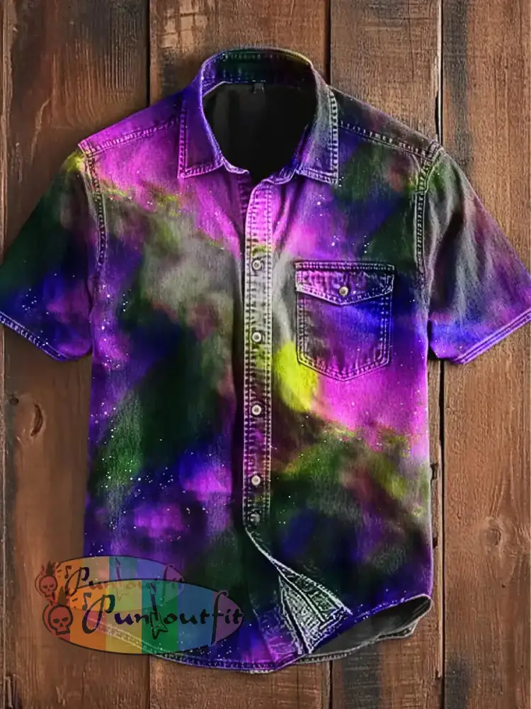 Unisex Men’s Vintage Western Colorful Magic Abstract Print Casual Short Sleeve Pocket Shirt Purple / S