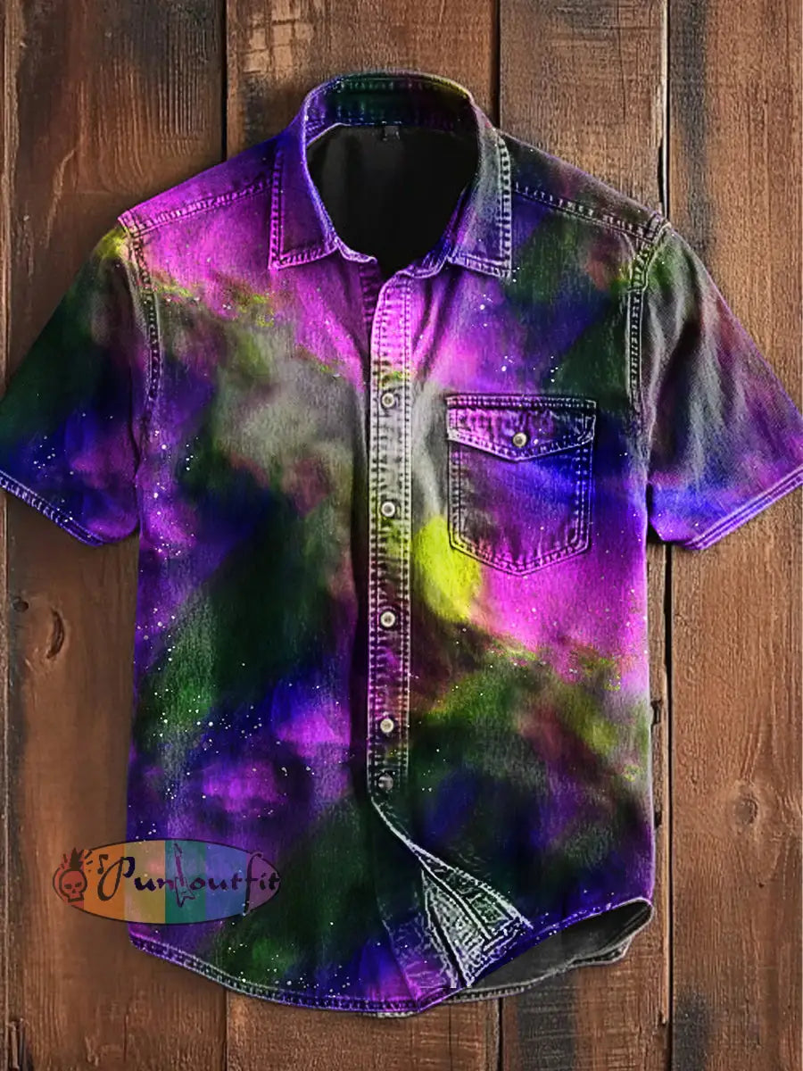 Unisex Men’s Vintage Western Colorful Magic Abstract Print Casual Short Sleeve Pocket Shirt Purple / S