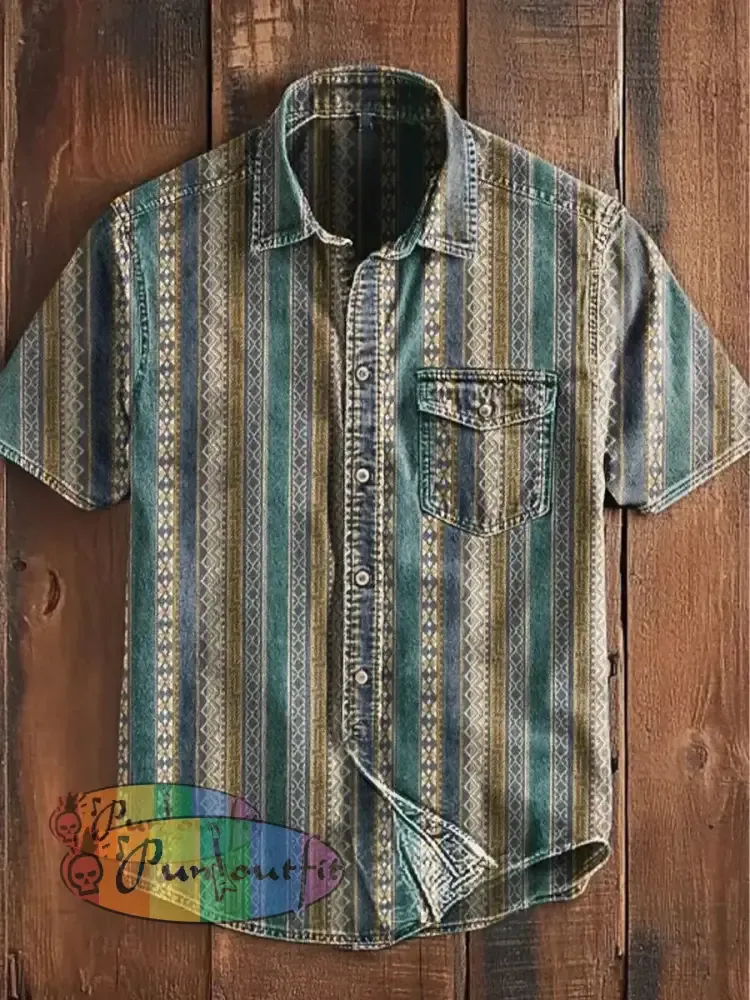 Unisex Men’s Vintage Western Colorful Stripe Art Design Abstract Print Casual Short Sleeve Pocket Shirt As picture / S