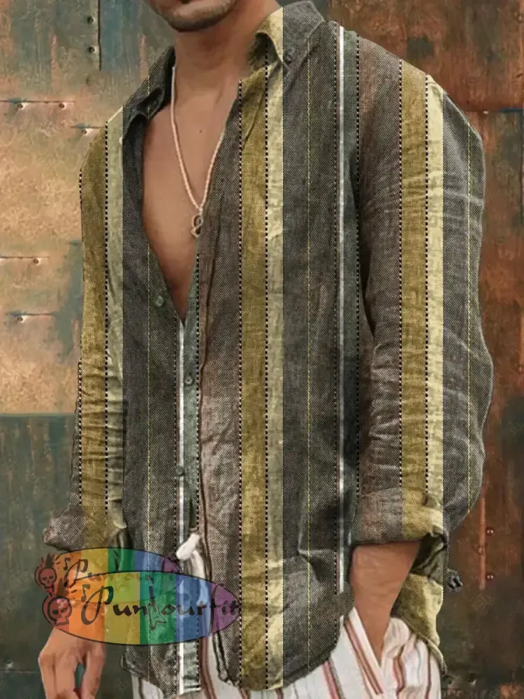 Men’s Vintage Colorful Stripe Patchwork Art Abstract Print Casual Long Sleeve Shirt Brown / S
