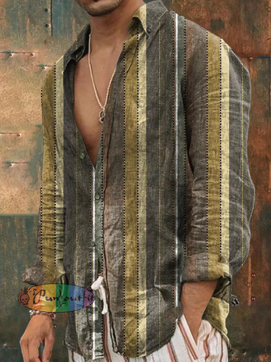 Men’s Vintage Colorful Stripe Patchwork Art Abstract Print Casual Long Sleeve Shirt Brown / S