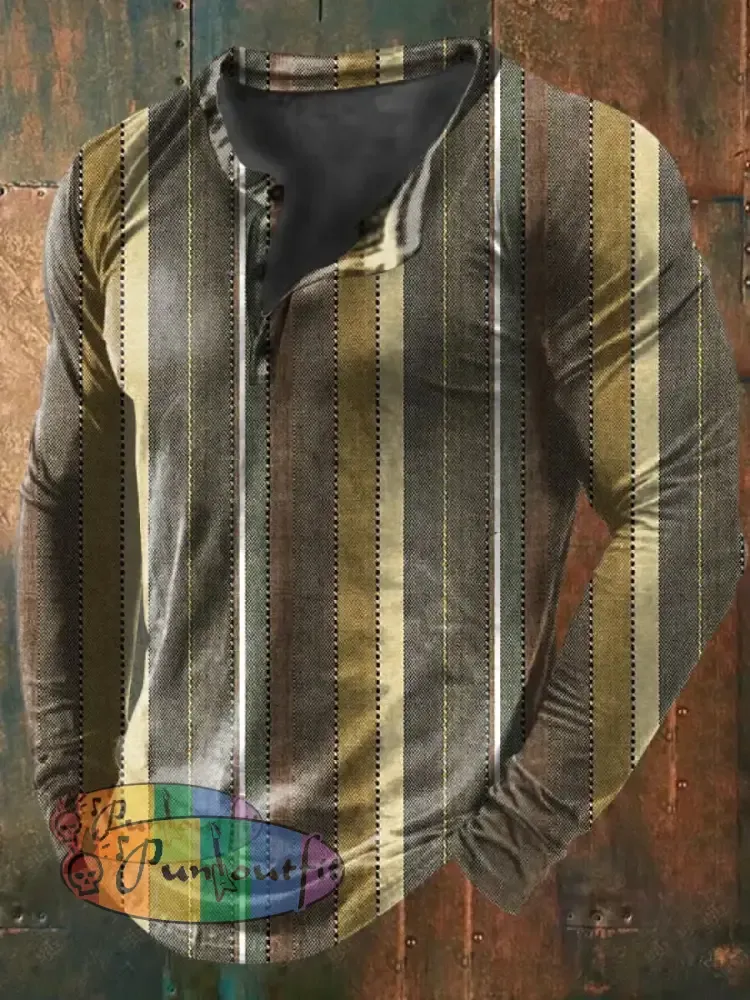 Unisex Men’s Vintage Colorful Stripe Art Design Print Casual Cotton Long Sleeve Button T-Shirt As picture / S