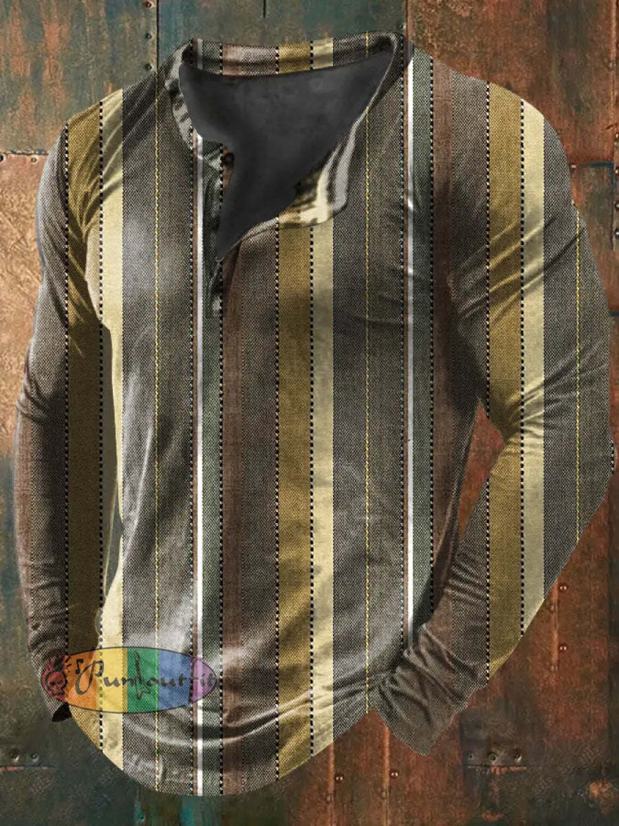 Unisex Men’s Vintage Colorful Stripe Art Design Print Casual Cotton Long Sleeve Button T-Shirt As picture / S