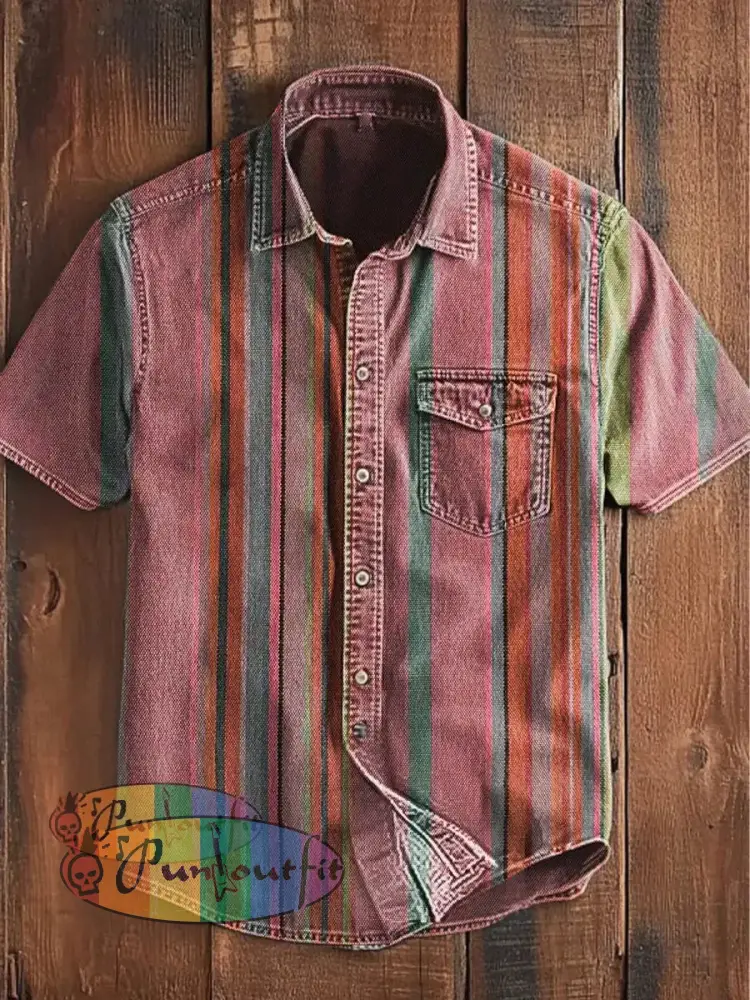 Unisex Men’s Vintage Western Colorful Stripes Abstract Print Casual Pocket Short Sleeve Shirt Pink / S