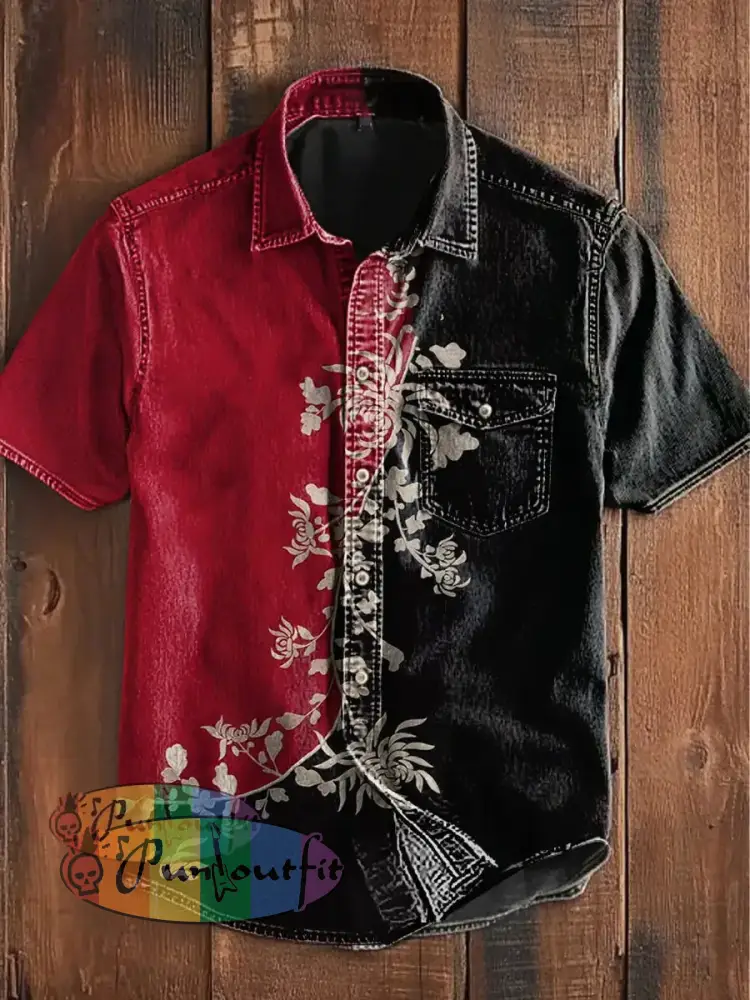 Unisex Men’s Vintage Western Floral Colorful Patchwork Art Abstract Print Casual Short Sleeve Pocket Shirt As picture