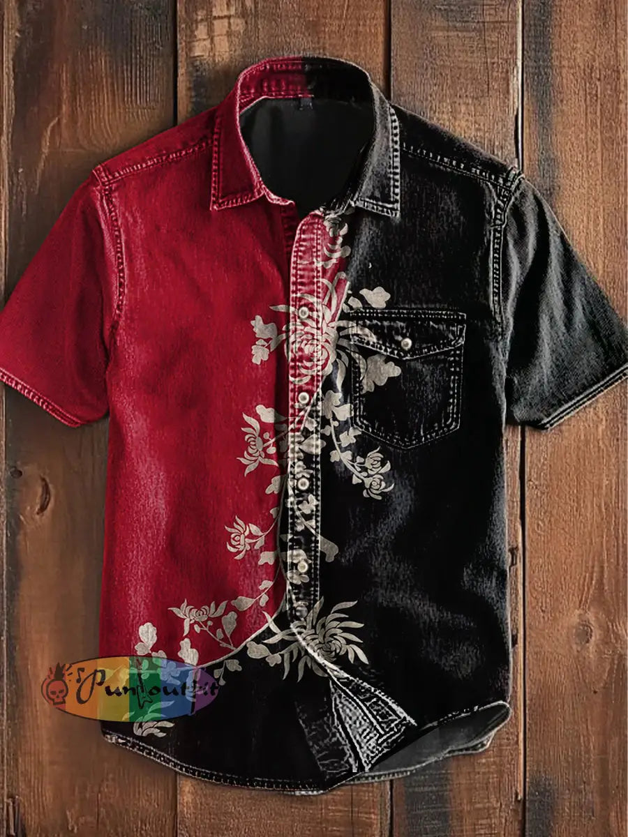 Unisex Men’s Vintage Western Floral Colorful Patchwork Art Abstract Print Casual Short Sleeve Pocket Shirt As picture