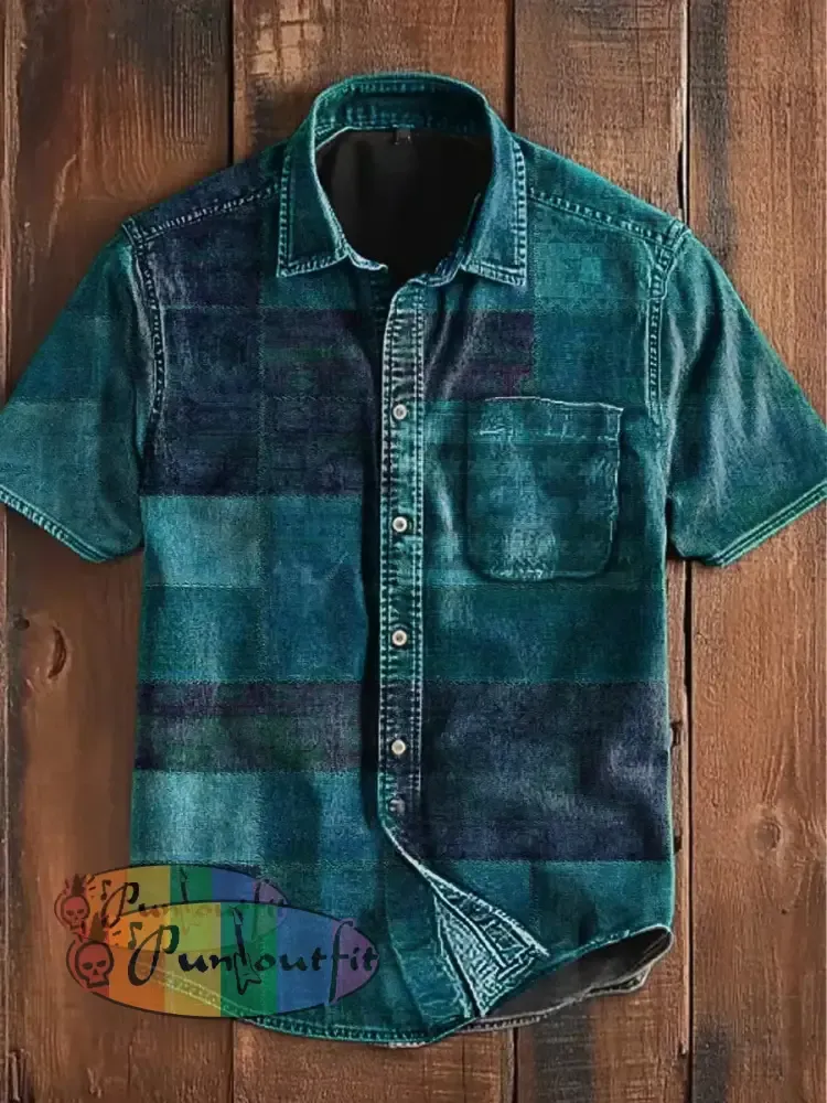 Unisex Vintage Punk Multi Colour Block Patchwork Art Abstract Print Casual Upgraded Cotton Short Sleeve Pocket Shirt