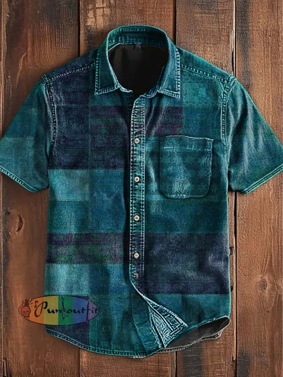Unisex Vintage Punk Multi Colour Block Patchwork Art Abstract Print Casual Upgraded Cotton Short Sleeve Pocket Shirt