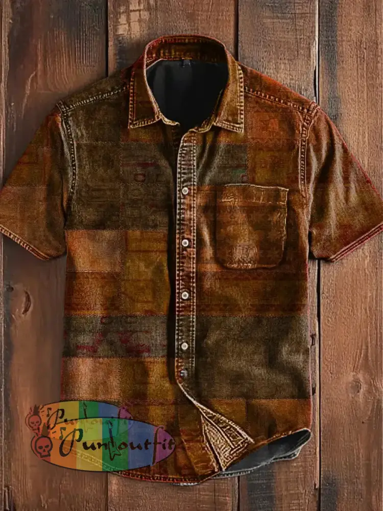 Unisex Vintage Punk Multi Colour Block Patchwork Art Abstract Print Casual Upgraded Cotton Short Sleeve Pocket Shirt
