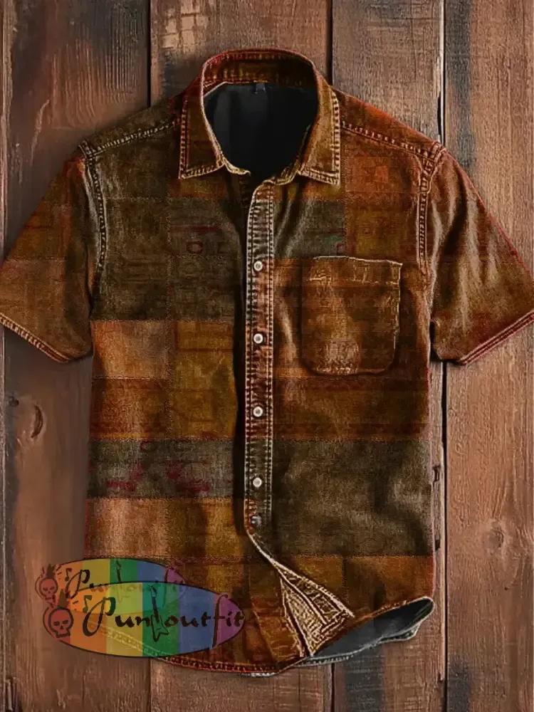 Unisex Vintage Punk Multi Colour Block Patchwork Art Abstract Print Casual Upgraded Cotton Short Sleeve Pocket Shirt