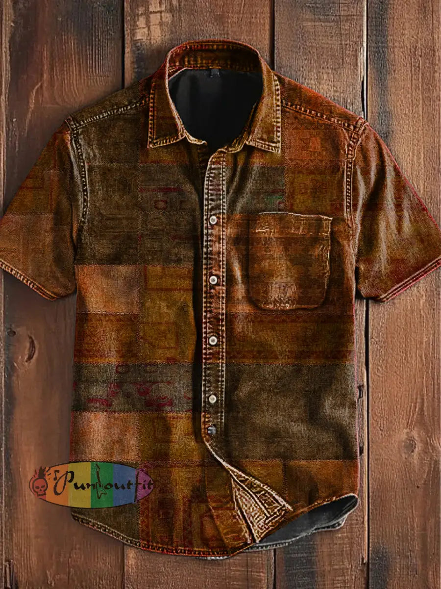 Unisex Vintage Punk Multi Colour Block Patchwork Art Abstract Print Casual Upgraded Cotton Short Sleeve Pocket Shirt