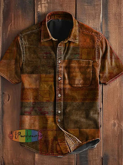 Unisex Vintage Punk Multi Colour Block Patchwork Art Abstract Print Casual Upgraded Cotton Short Sleeve Pocket Shirt