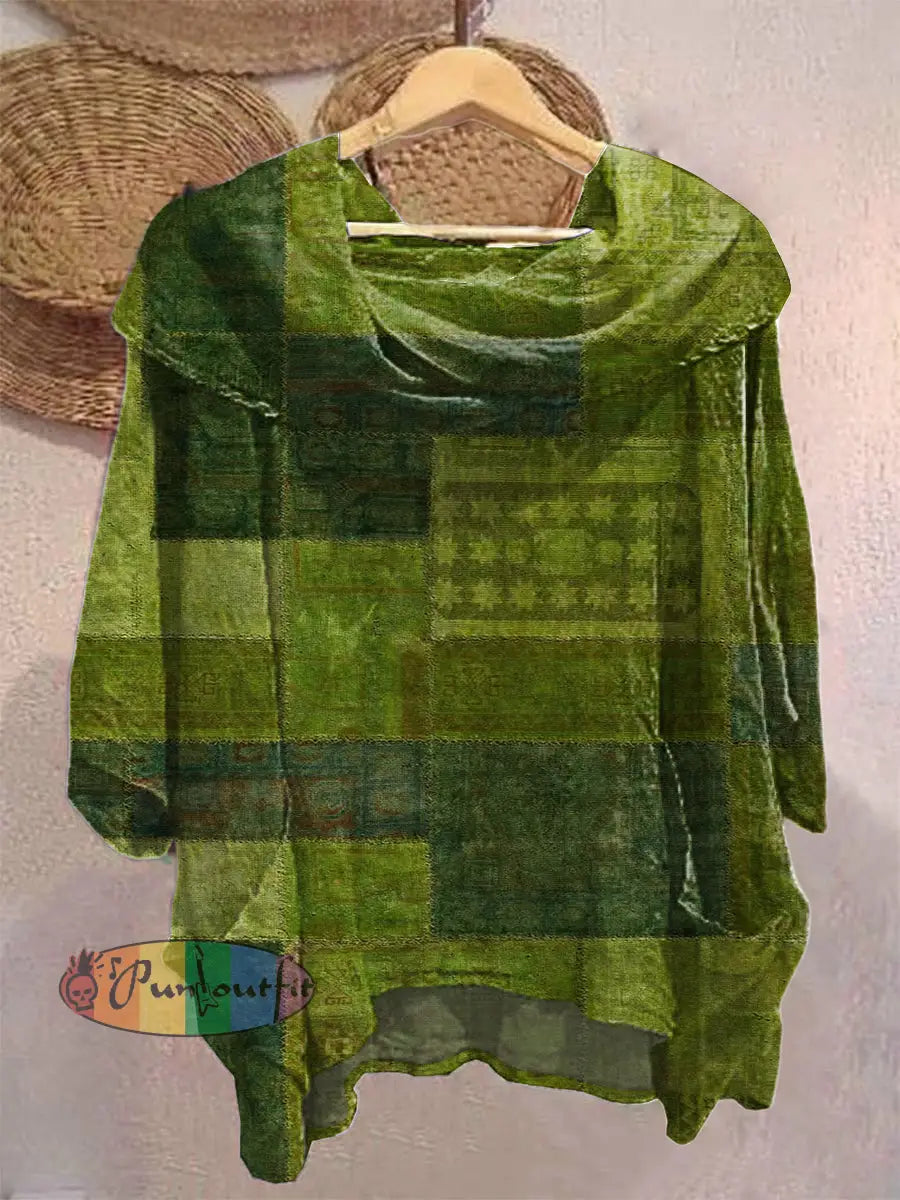 Unisex Men’s Vintage Western Hippie Colorful Green Block Art Abstract Print Casual Pocket Short Sleeve Shirt Linen