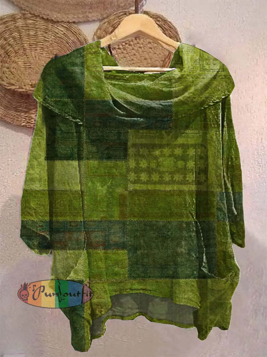 Unisex Men’s Vintage Western Hippie Colorful Green Block Art Abstract Print Casual Pocket Short Sleeve Shirt Linen