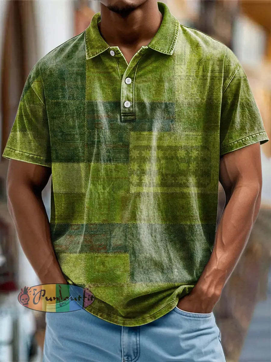 Men’s Vintage Multi-coloured Block Patchwork Art Abstract Printed Casual Cotton Short Sleeve Polo Shirt Green / S